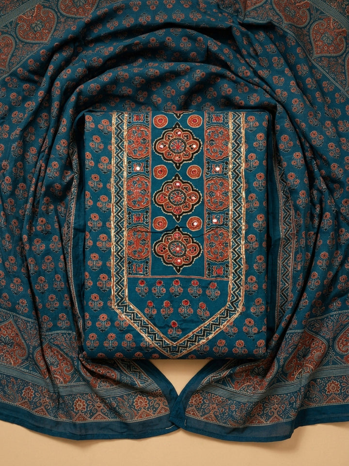 Blue Printed Cotton Blend Unstitched Dress Material