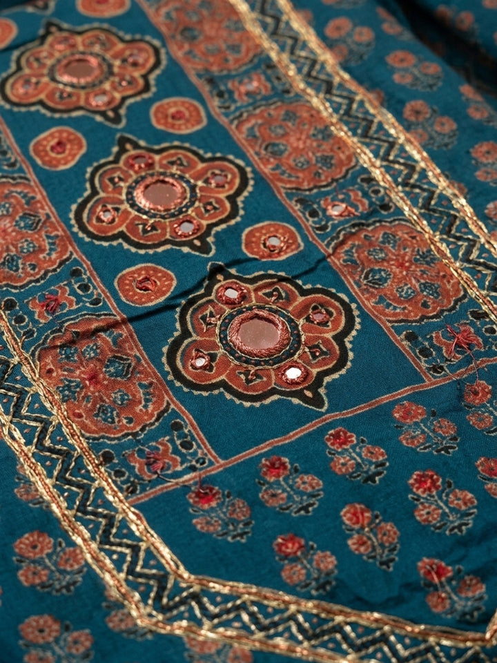 Blue Printed Cotton Blend Unstitched Dress Material