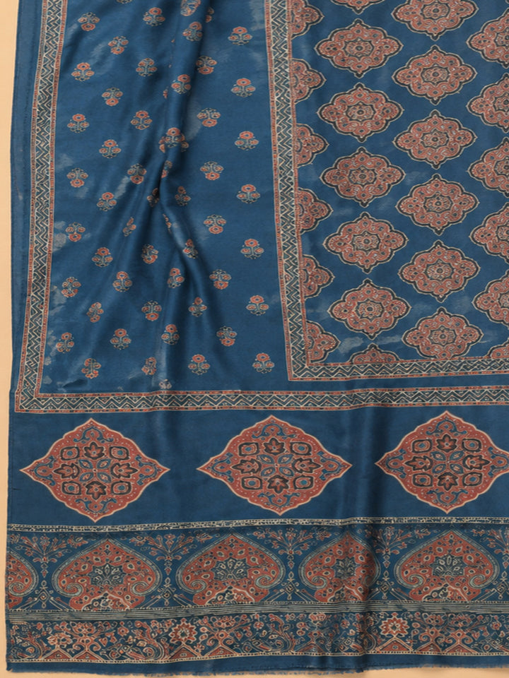 Blue Printed Cotton Blend Unstitched Dress Material