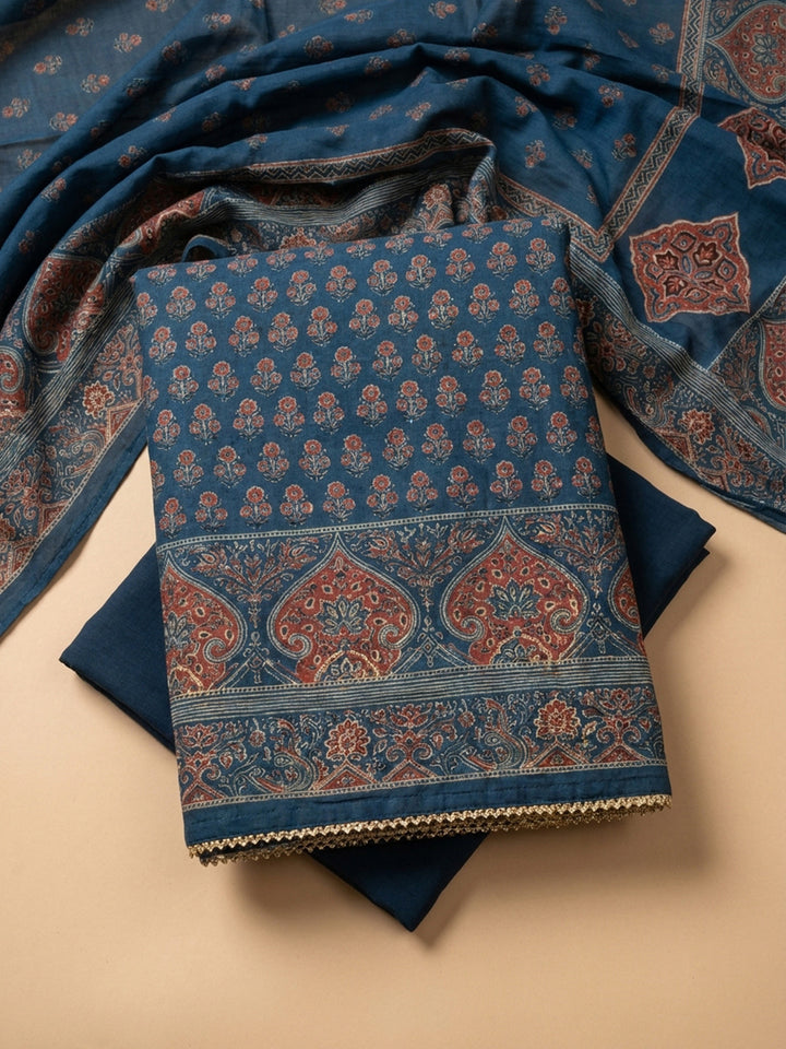Blue Printed Cotton Blend Unstitched Dress Material