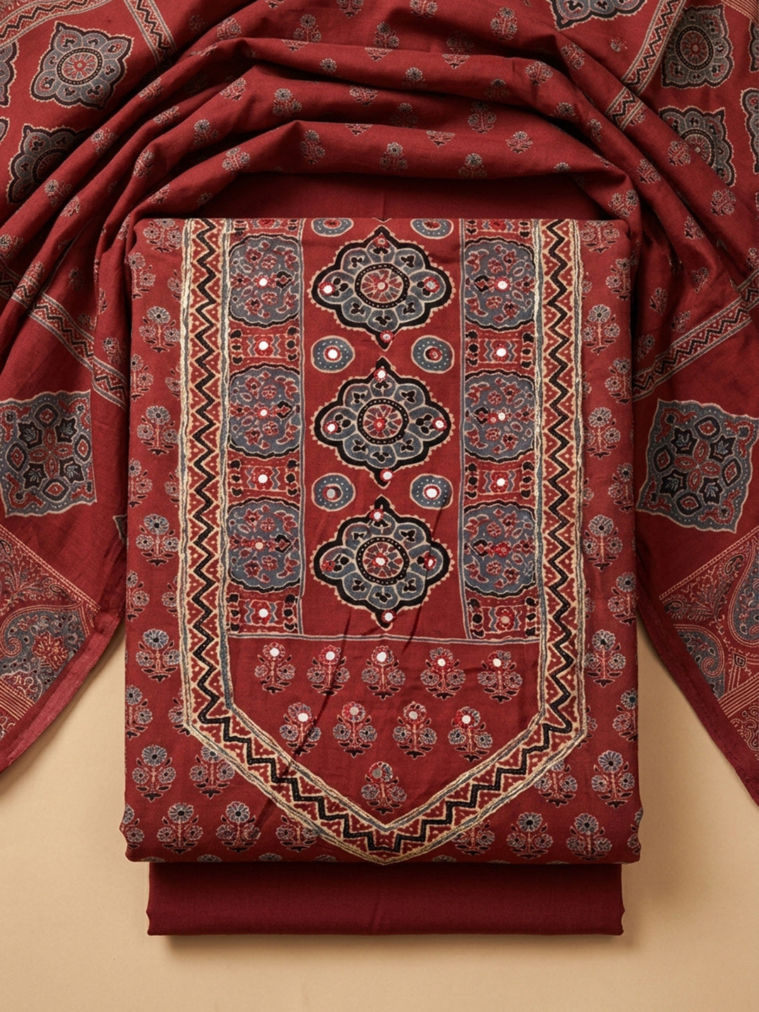 Maroon Printed Cotton Blend Unstitched Dress Material