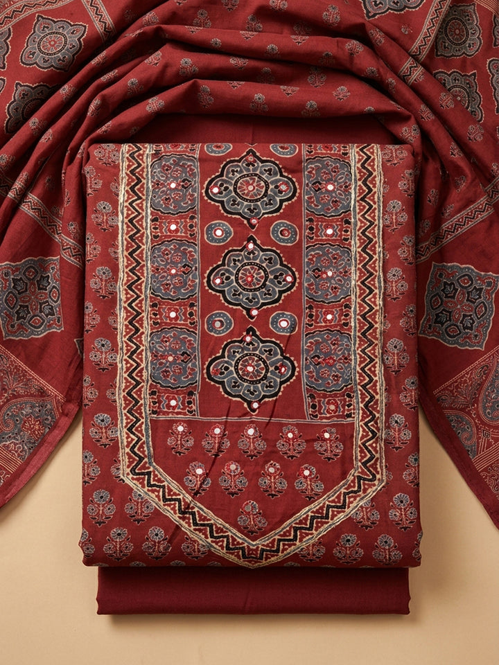 Maroon Printed Cotton Blend Unstitched Dress Material