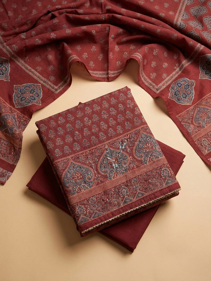 Maroon Printed Cotton Blend Unstitched Dress Material