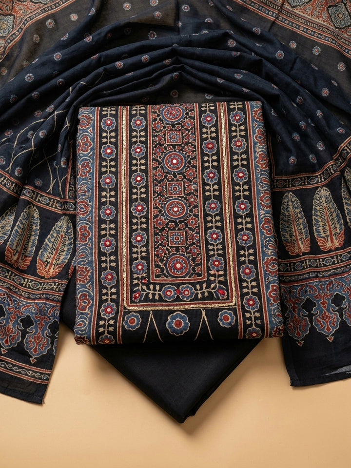 Black Embroidery Cotton Blend Unstitched Dress Material