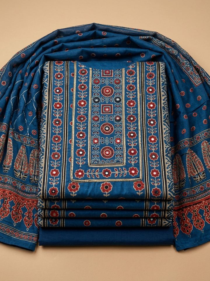 Blue Embroidery Cotton Blend Unstitched Dress Material