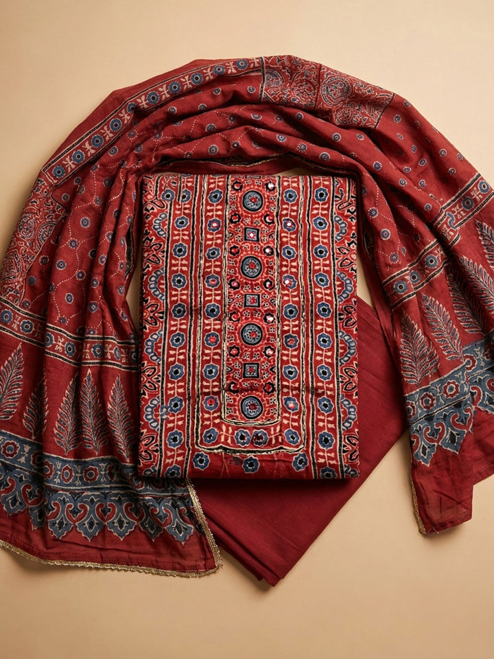 Maroon Embroidery Cotton Blend Unstitched Dress Material