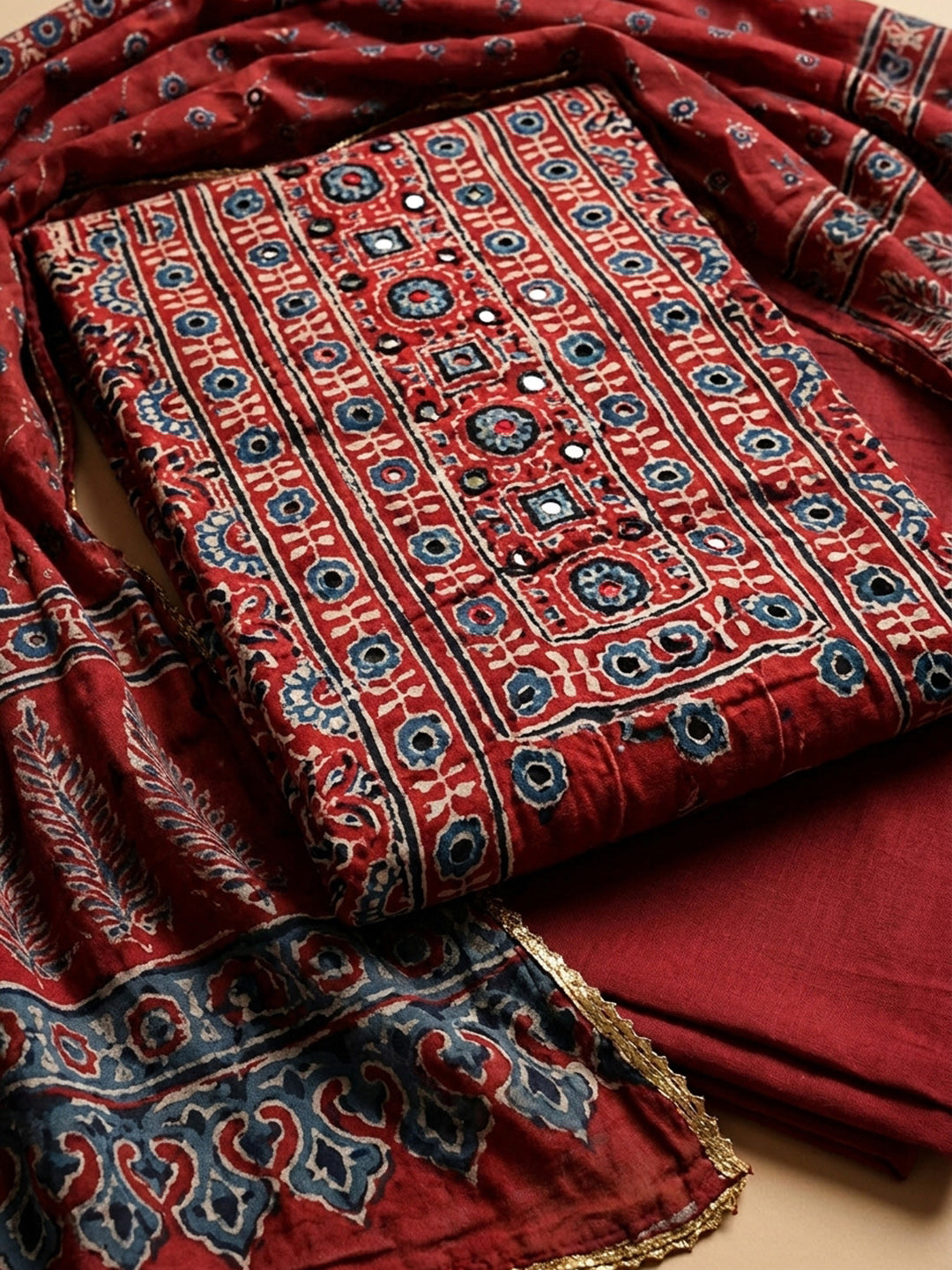 Maroon Embroidery Cotton Blend Unstitched Dress Material