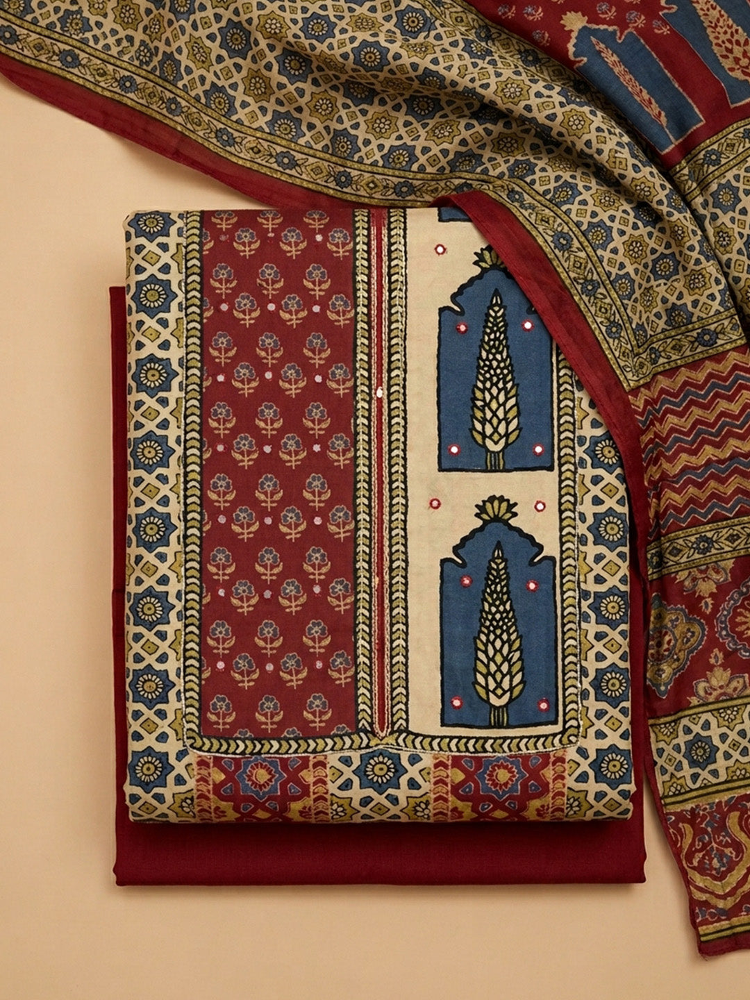 Maroon Printed Muslin Unstitched Suit &amp; Pant With Muslin Dupatta