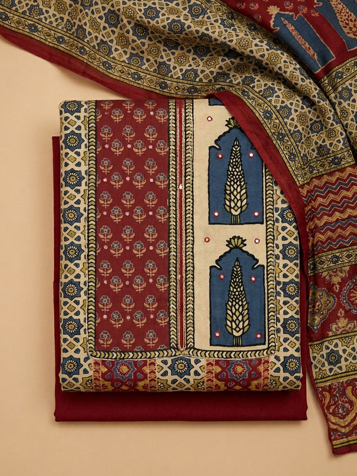 Maroon Printed Muslin Unstitched Suit &amp; Pant With Muslin Dupatta