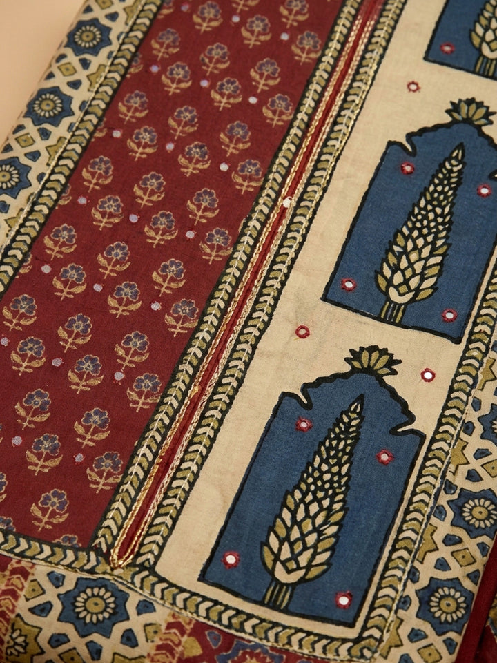 Maroon Printed Muslin Unstitched Suit &amp; Pant With Muslin Dupatta