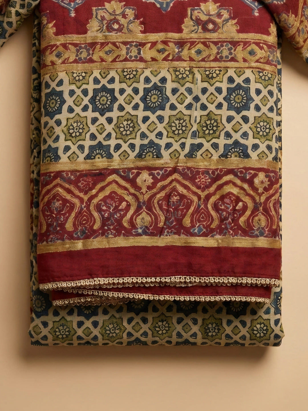 Maroon Printed Muslin Unstitched Suit &amp; Pant With Muslin Dupatta