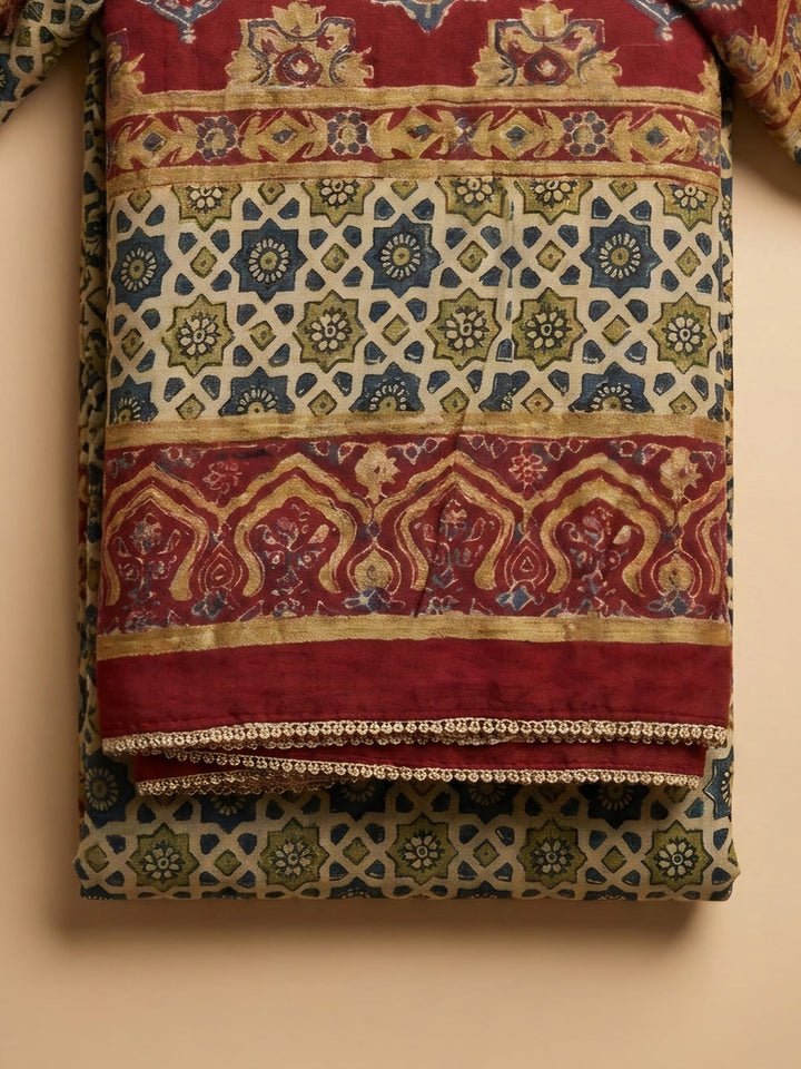 Maroon Printed Muslin Unstitched Suit &amp; Pant With Muslin Dupatta