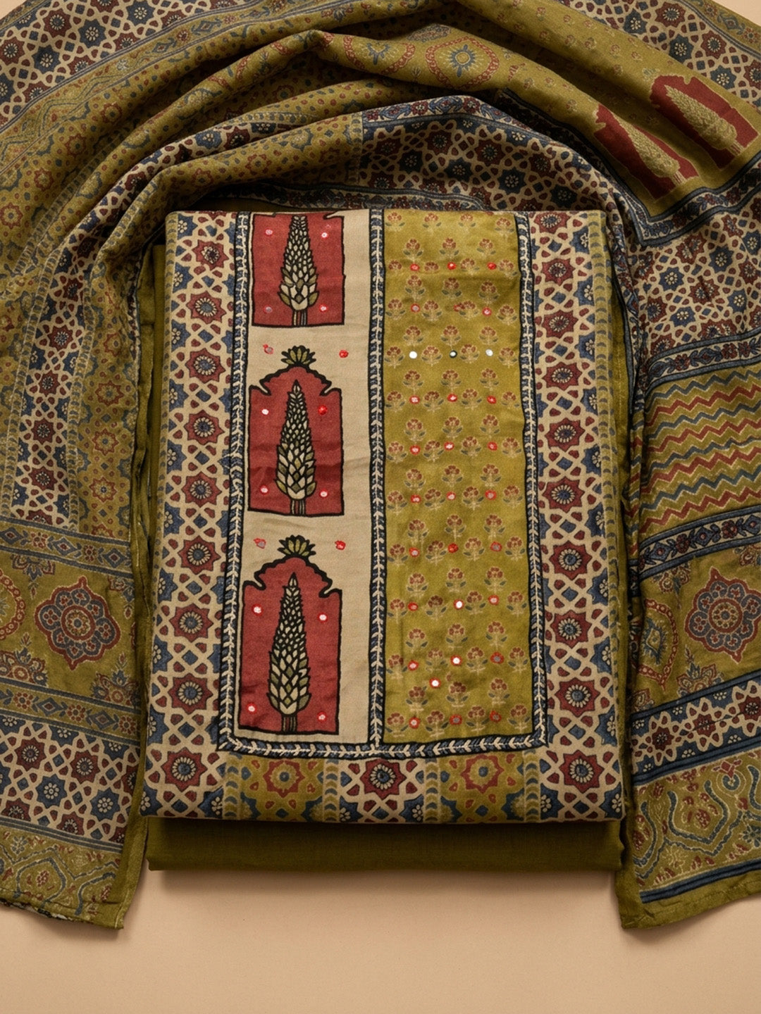 Mehndi Printed Muslin Unstitched Suit &amp; Pant With Muslin Dupatta