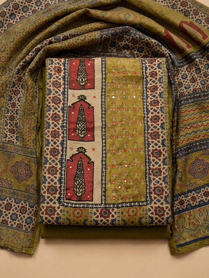 Mehndi Printed Muslin Unstitched Suit &amp; Pant With Muslin Dupatta