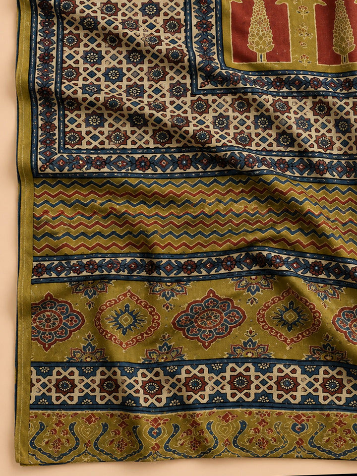 Mehndi Printed Muslin Unstitched Suit &amp; Pant With Muslin Dupatta