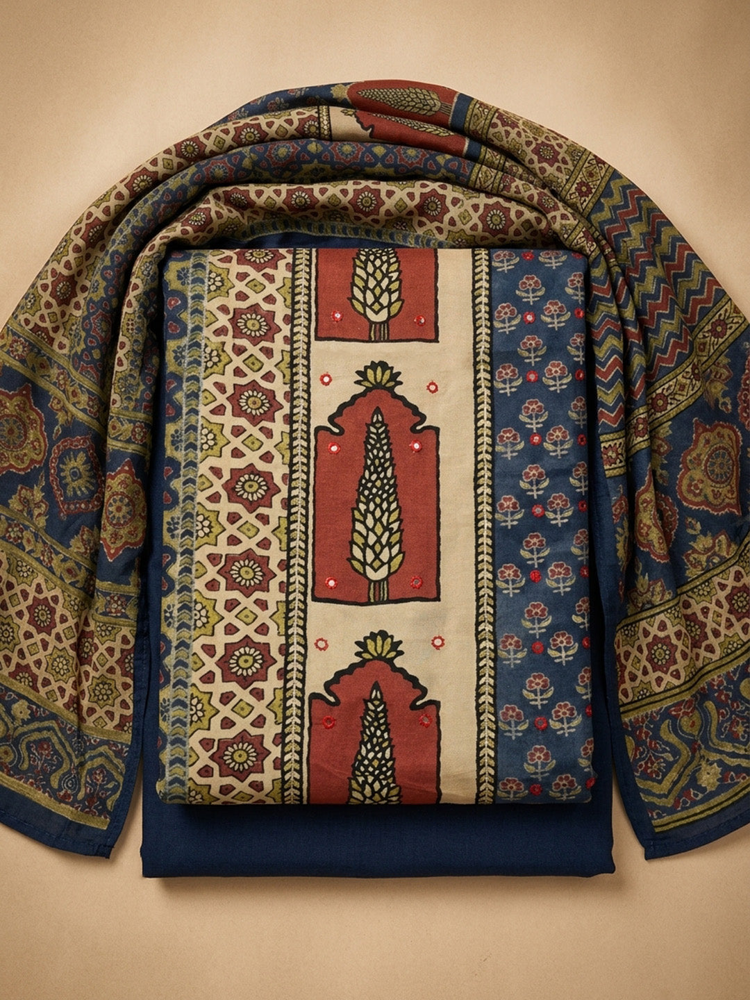 Navy Blue Printed Muslin Unstitched Suit &amp; Pant With Muslin Dupatta