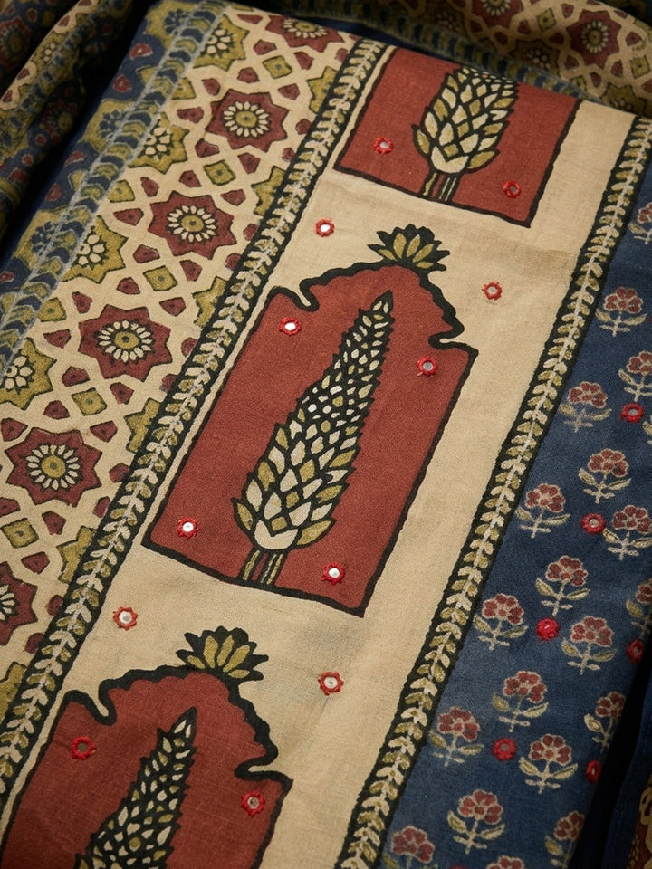 Navy Blue Printed Muslin Unstitched Suit &amp; Pant With Muslin Dupatta