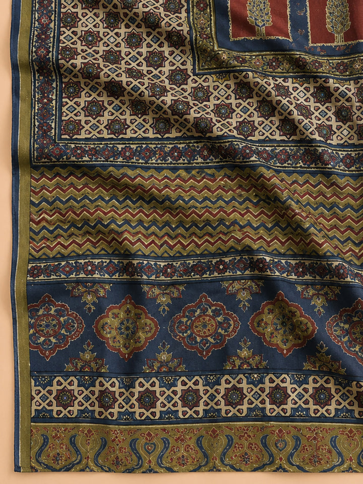 Navy Blue Printed Muslin Unstitched Suit &amp; Pant With Muslin Dupatta