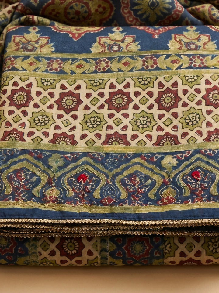 Navy Blue Printed Muslin Unstitched Suit &amp; Pant With Muslin Dupatta
