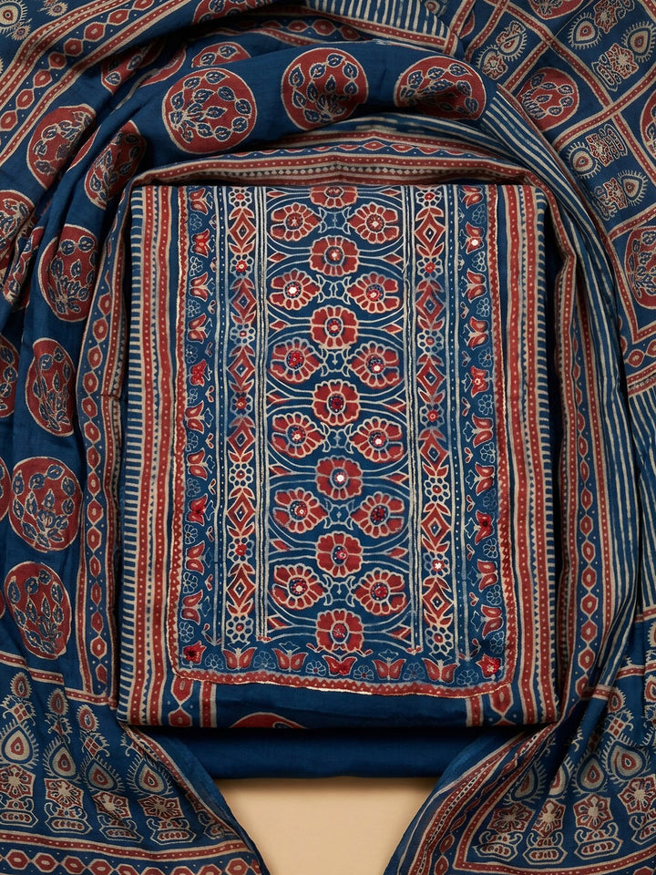 Blue Yoke Embroidery Cotton Blend Unstitched Dress Material