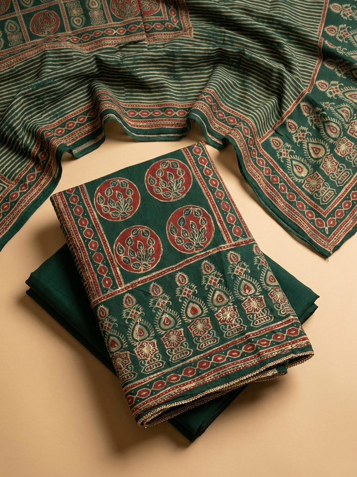 Bottle Green Yoke Embroidery Cotton Blend Unstitched Dress Material