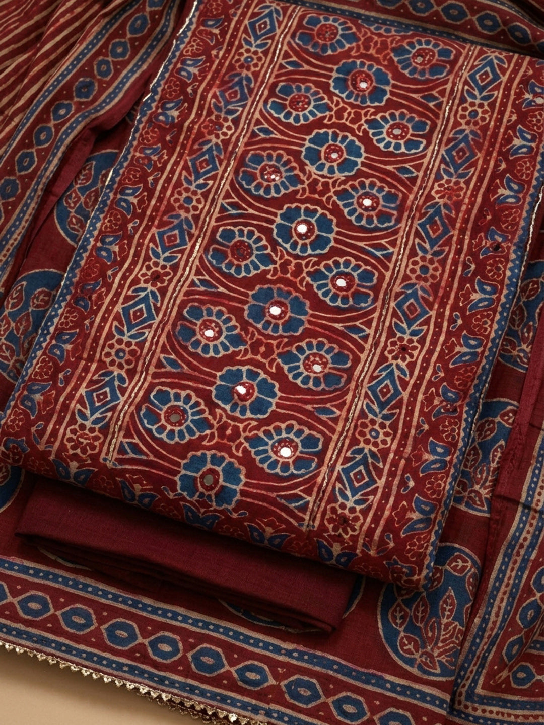 Maroon Yoke Embroidery Cotton Blend Unstitched Dress Material