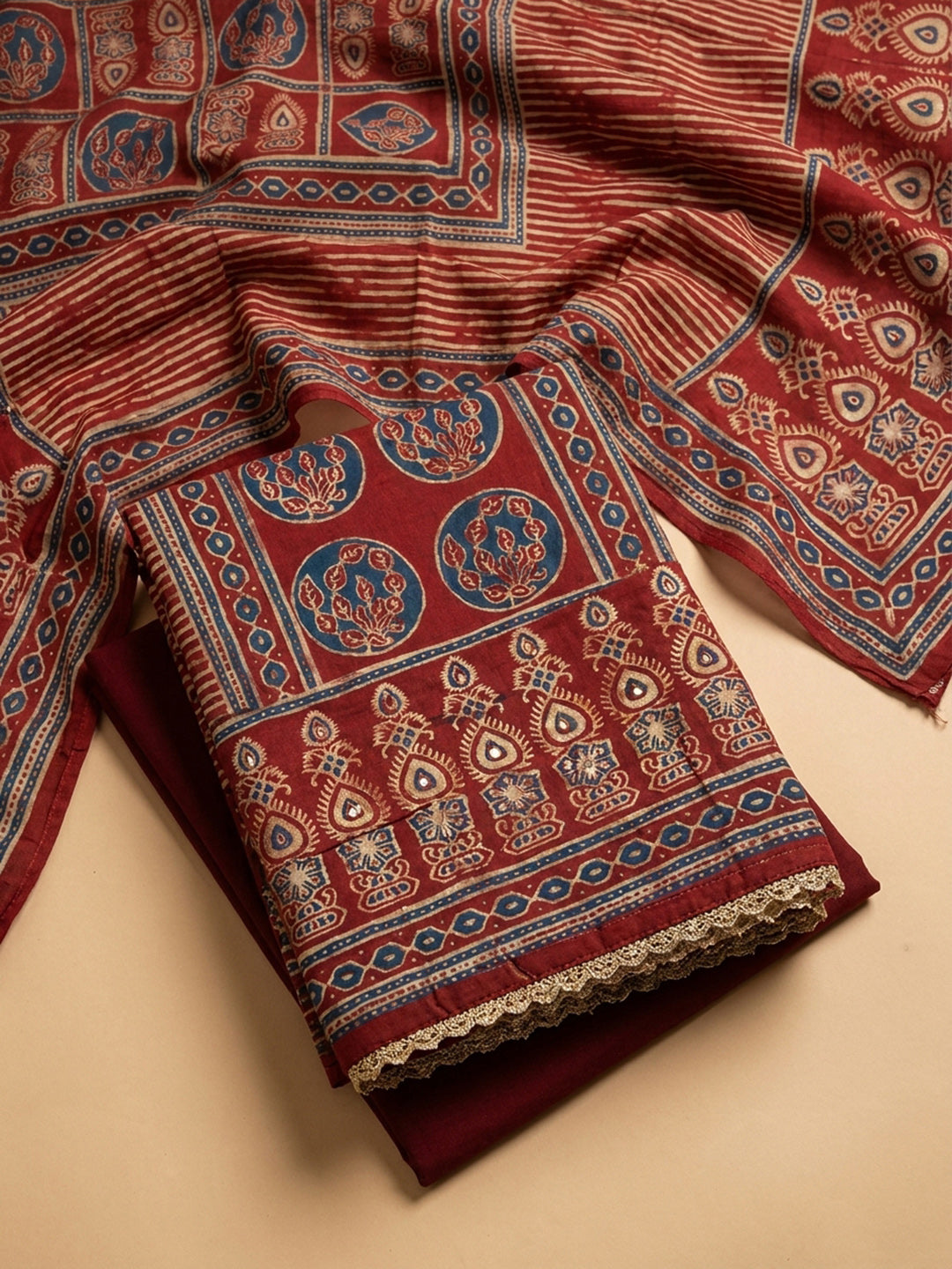 Maroon Yoke Embroidery Cotton Blend Unstitched Dress Material