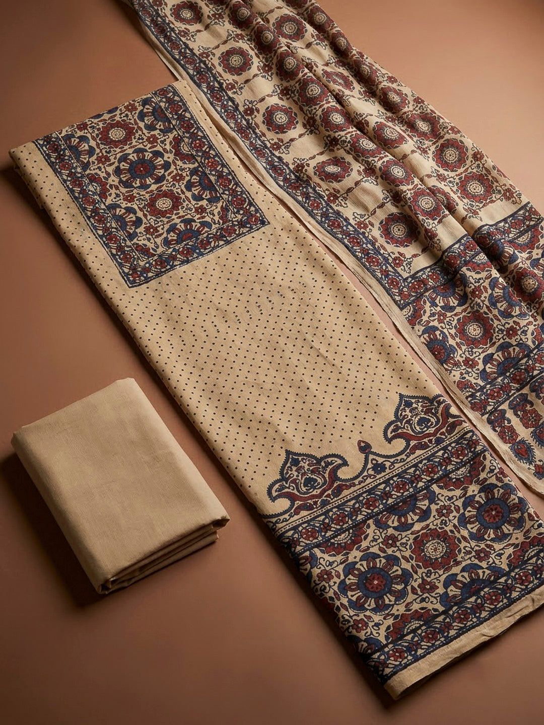 Beige Cotton Blend Printed Unstitched Dress Material