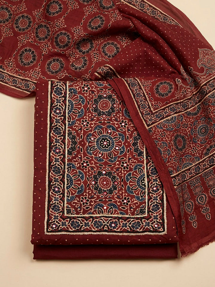 Maroon Cotton Blend Printed Unstitched Dress Material