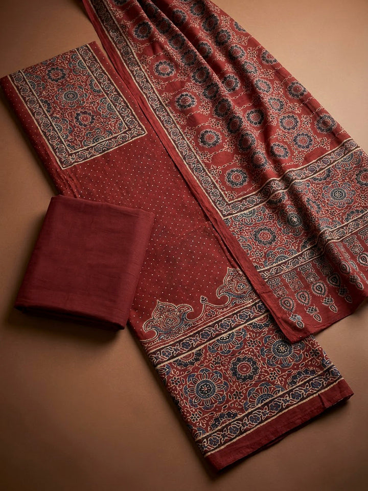 Maroon Cotton Blend Printed Unstitched Dress Material