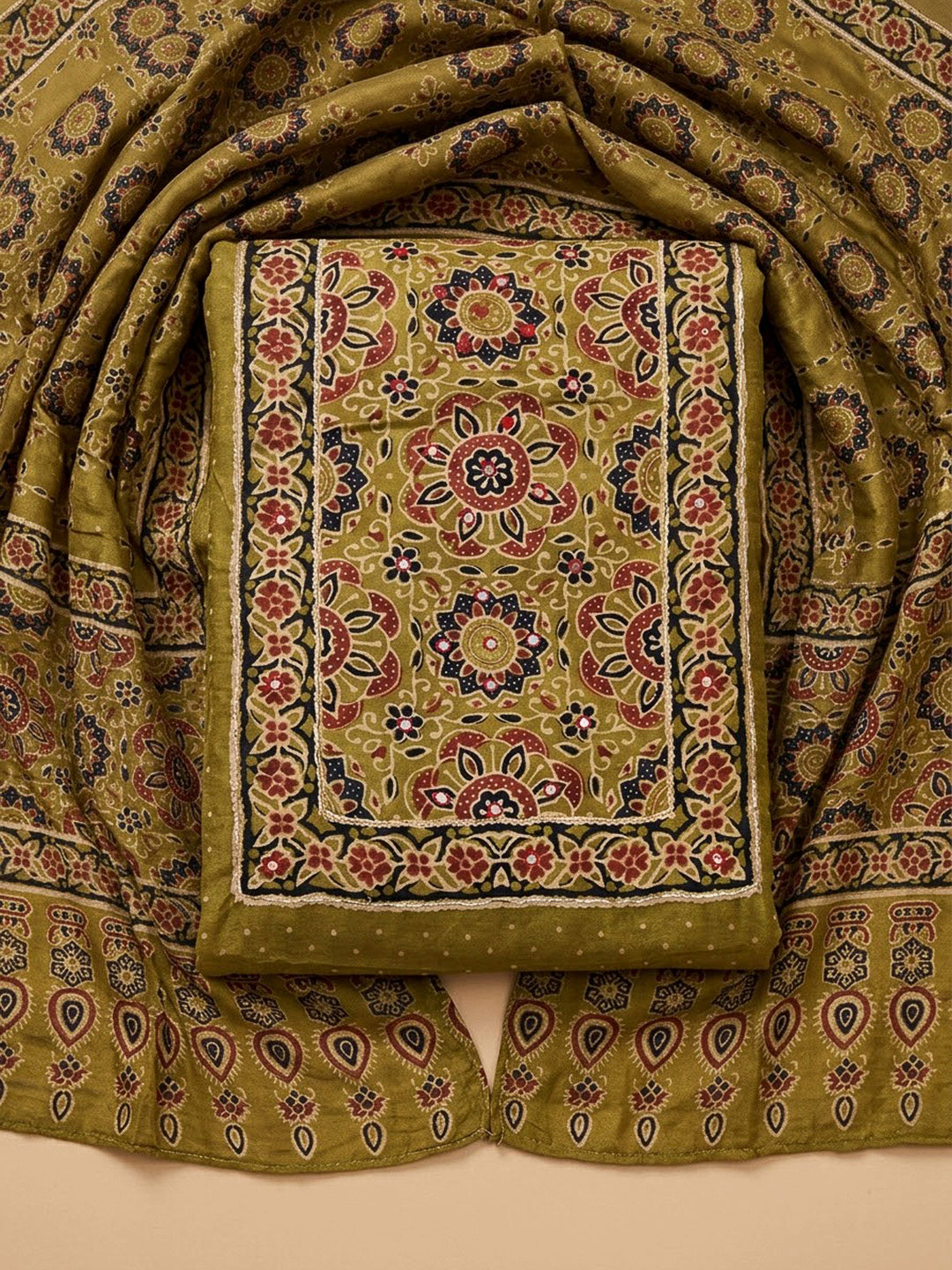 Mehndi Cotton Blend Printed Unstitched Dress Material