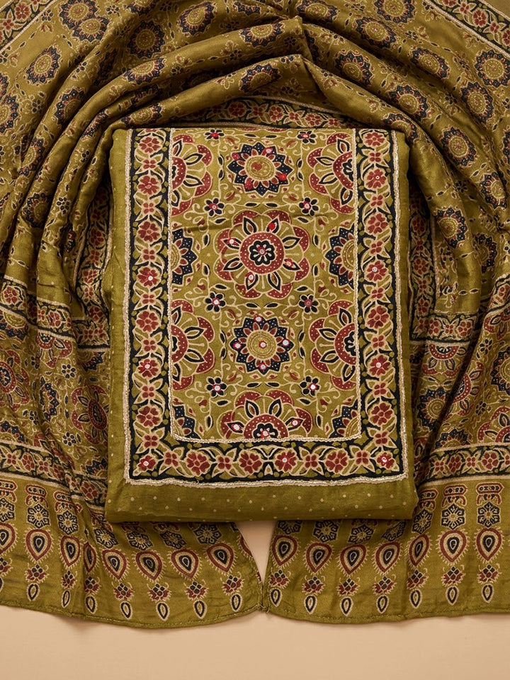 Mehndi Cotton Blend Printed Unstitched Dress Material