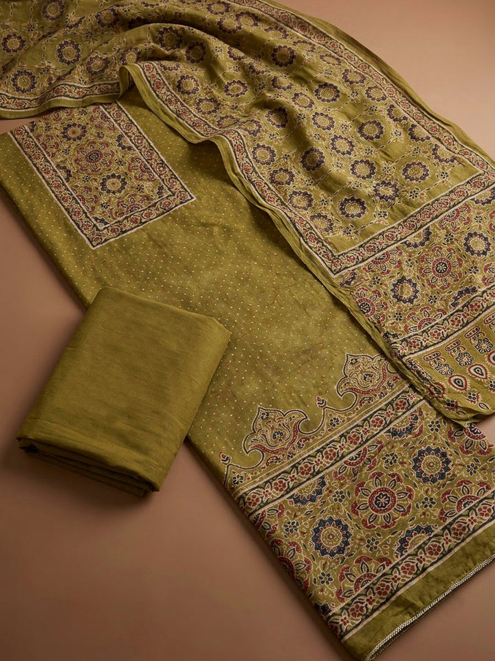 Mehndi Cotton Blend Printed Unstitched Dress Material