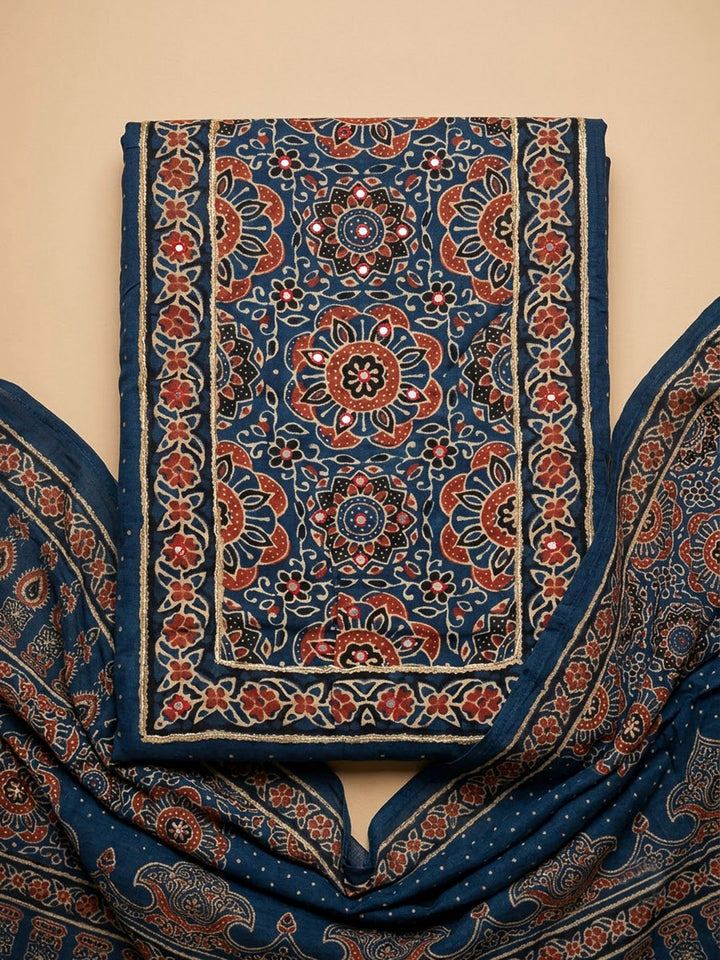Navy Blue Cotton Blend Printed Unstitched Dress Material