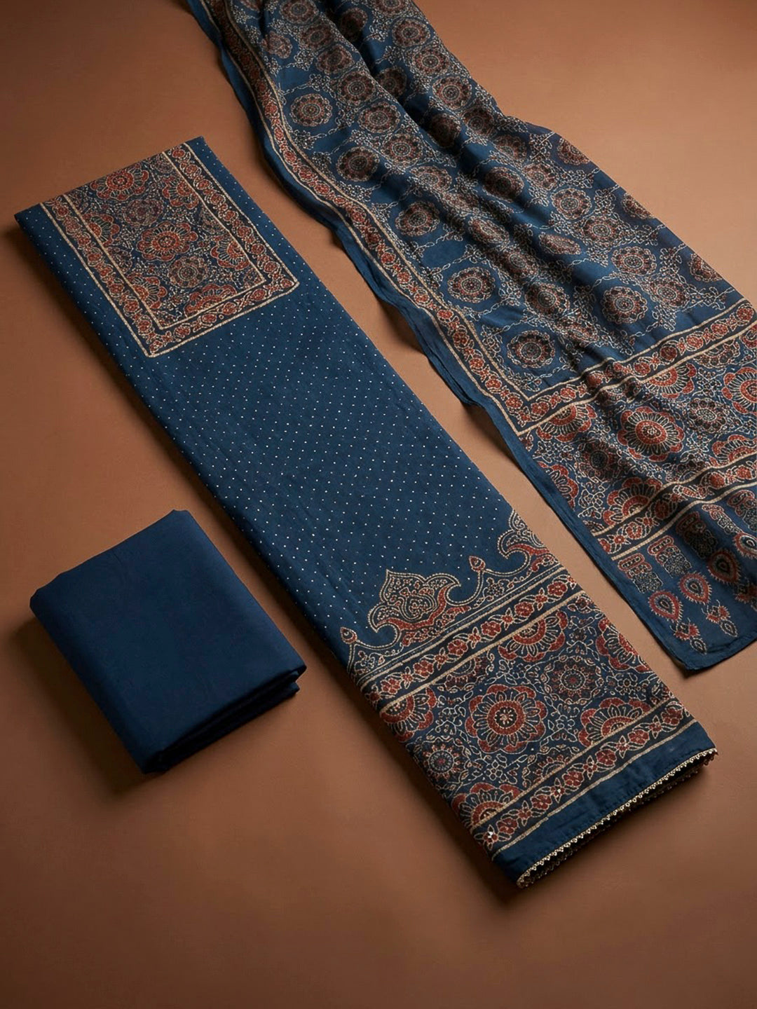 Navy Blue Cotton Blend Printed Unstitched Dress Material
