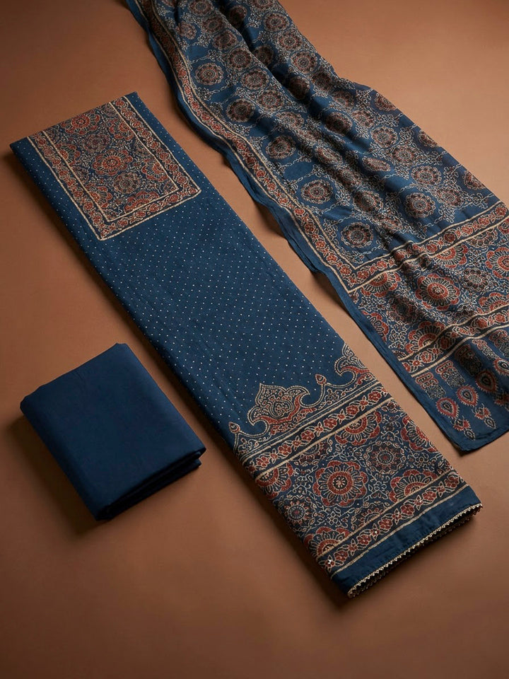 Navy Blue Cotton Blend Printed Unstitched Dress Material