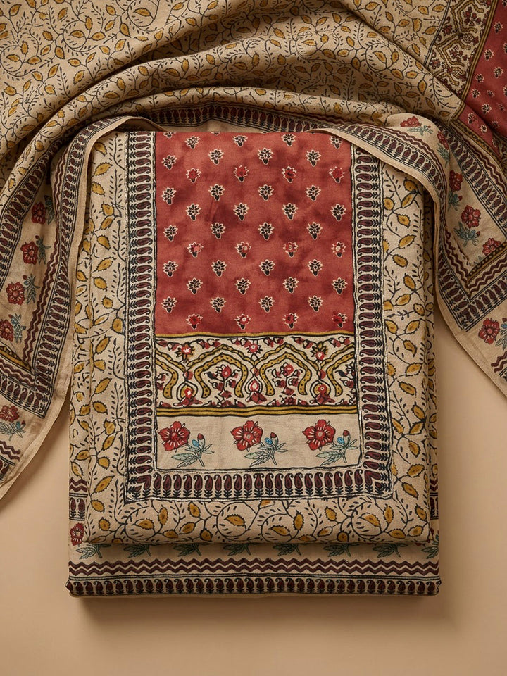 Beige Cotton Blend Printed Unstitched Dress Material