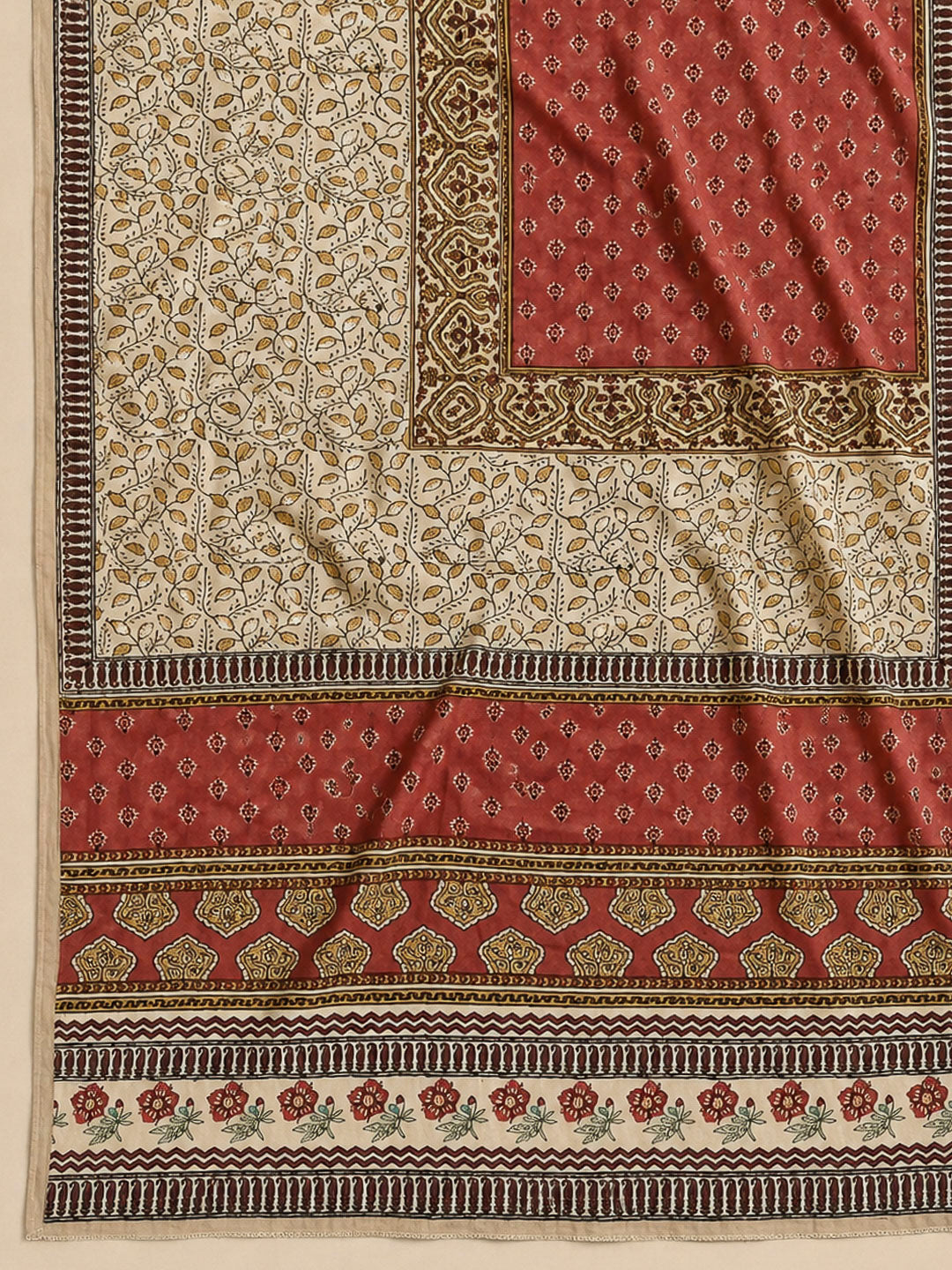Beige Cotton Blend Printed Unstitched Dress Material
