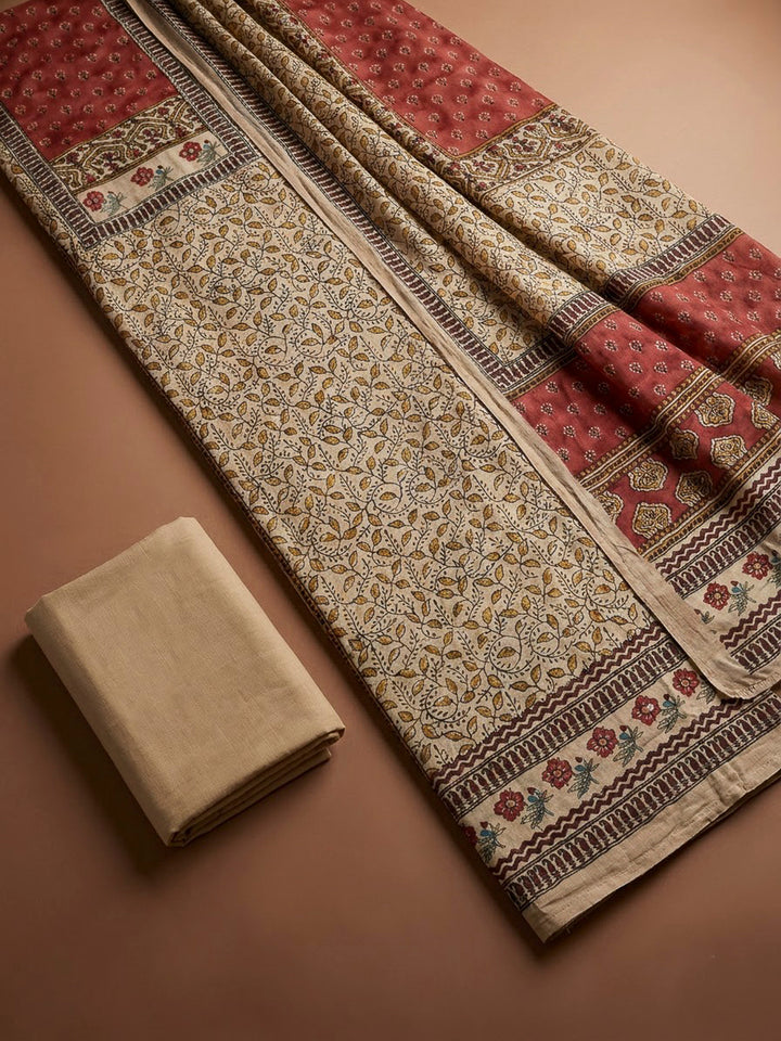 Beige Cotton Blend Printed Unstitched Dress Material