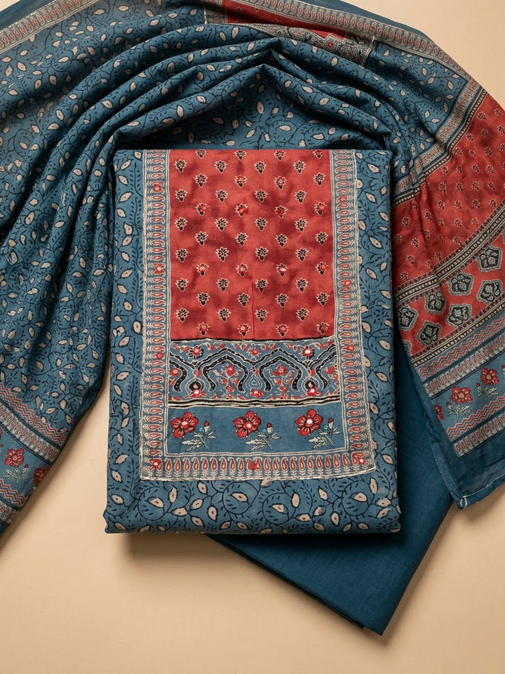 Blue Cotton Blend Printed Unstitched Dress Material