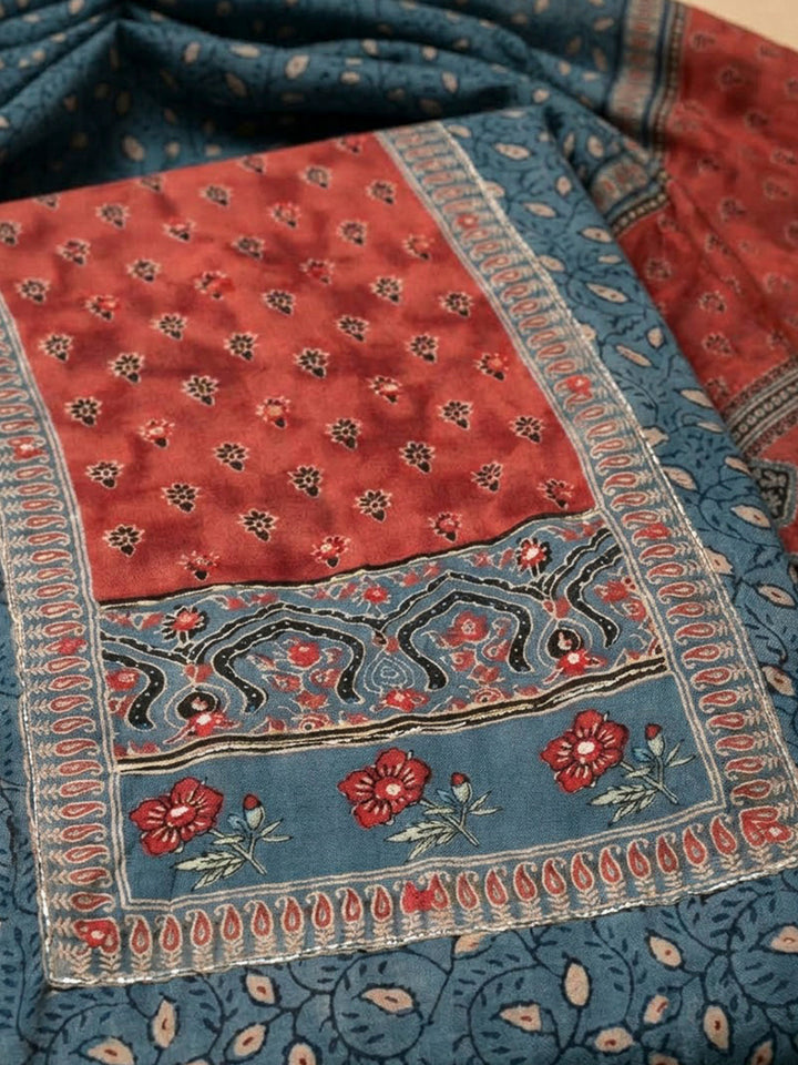 Blue Cotton Blend Printed Unstitched Dress Material