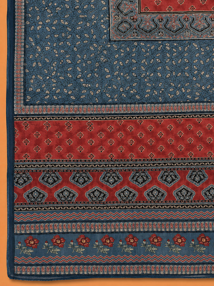 Blue Cotton Blend Printed Unstitched Dress Material