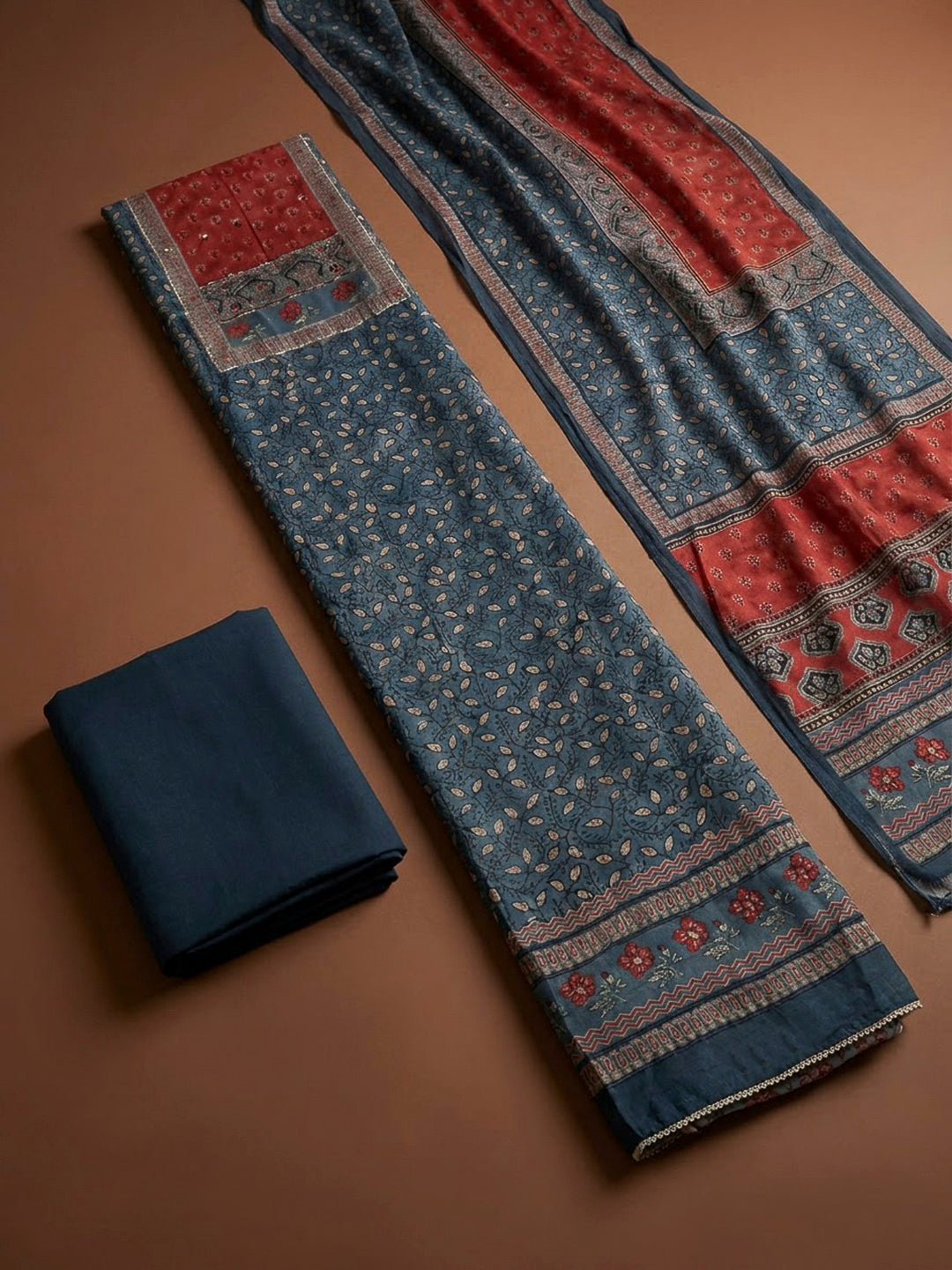 Blue Cotton Blend Printed Unstitched Dress Material