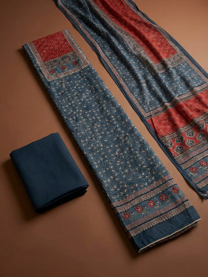 Blue Cotton Blend Printed Unstitched Dress Material