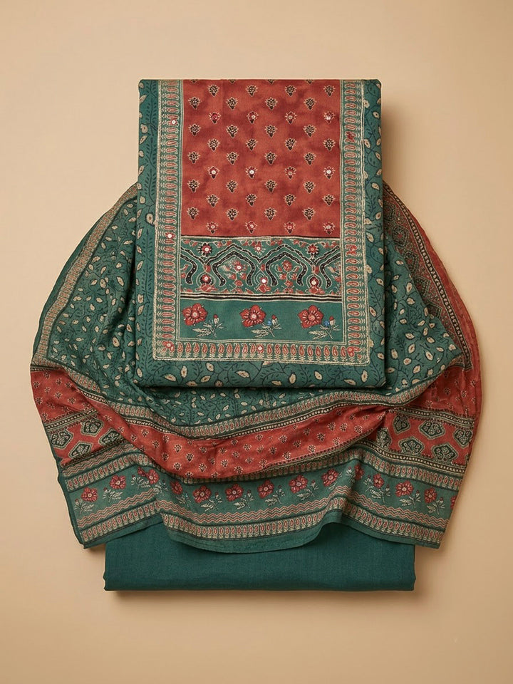 Green Cotton Blend Printed Unstitched Dress Material