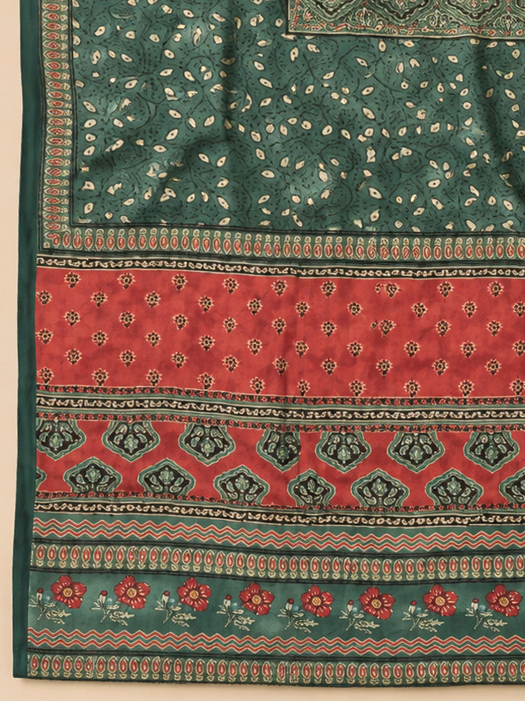 Green Cotton Blend Printed Unstitched Dress Material