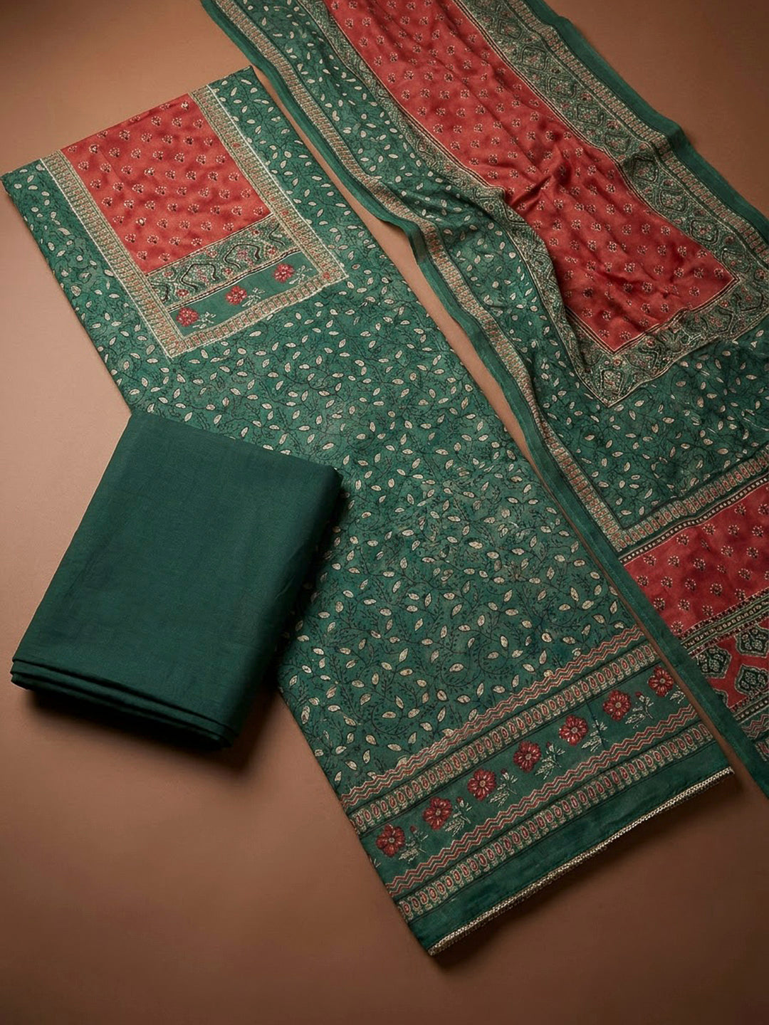 Green Cotton Blend Printed Unstitched Dress Material