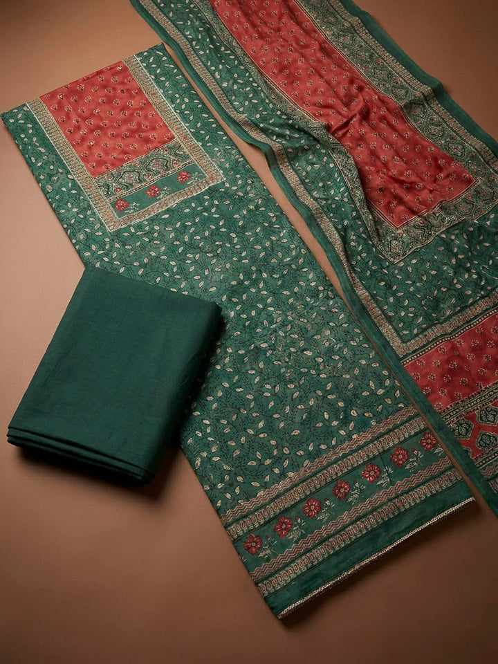 Green Cotton Blend Printed Unstitched Dress Material
