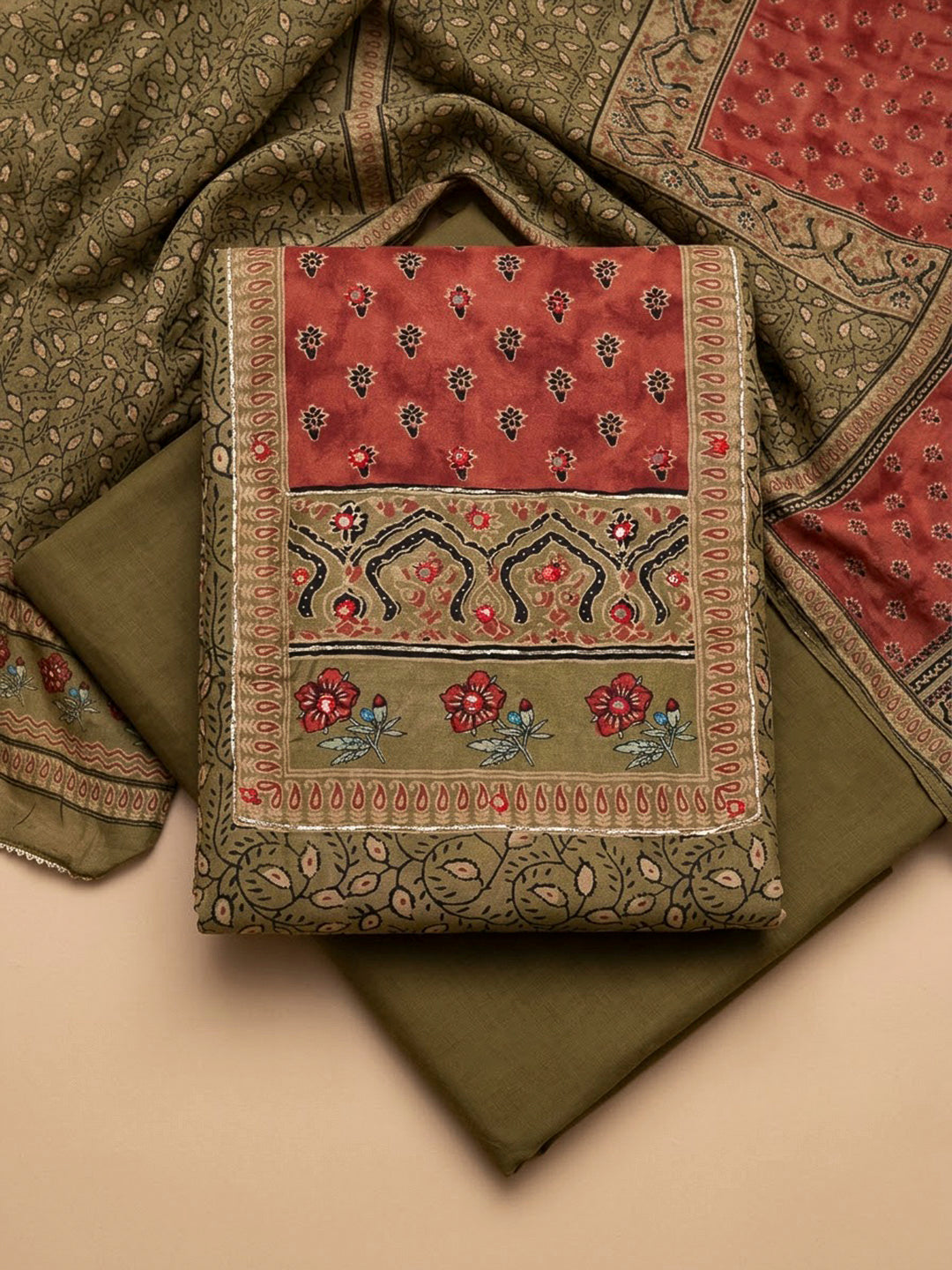 Mehndi Cotton Blend Printed Unstitched Dress Material
