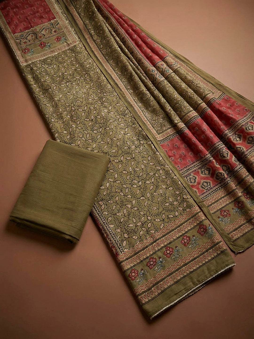 Mehndi Cotton Blend Printed Unstitched Dress Material